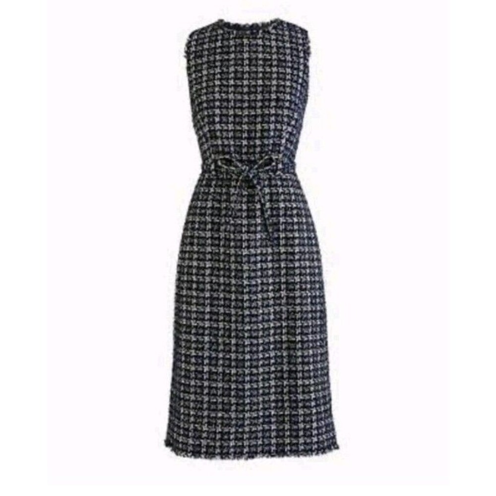 J.Crew Belted Tweed Sheath Dress Fringe Detail Lined Black Blue White Size 8